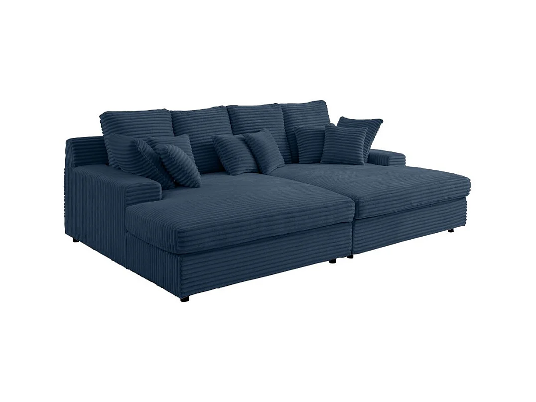 Canapé droit 4 places FLUFFY double méridienne et assise profonde en velours côtelé - bleu foncé