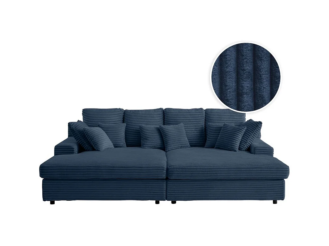 Canapé droit 4 places FLUFFY double méridienne et assise profonde en velours côtelé - bleu foncé