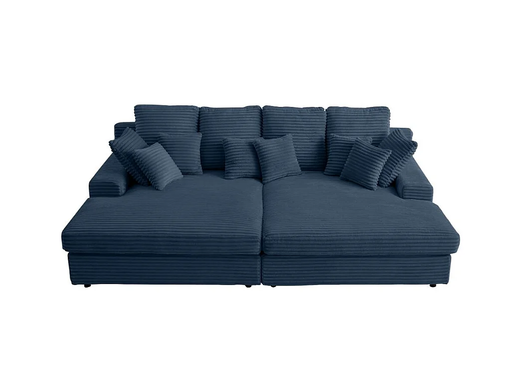 Canapé droit 4 places FLUFFY double méridienne et assise profonde en velours côtelé - bleu foncé