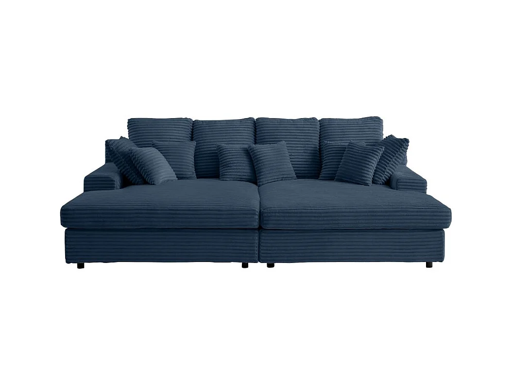 Canapé droit 4 places FLUFFY double méridienne et assise profonde en velours côtelé - bleu foncé