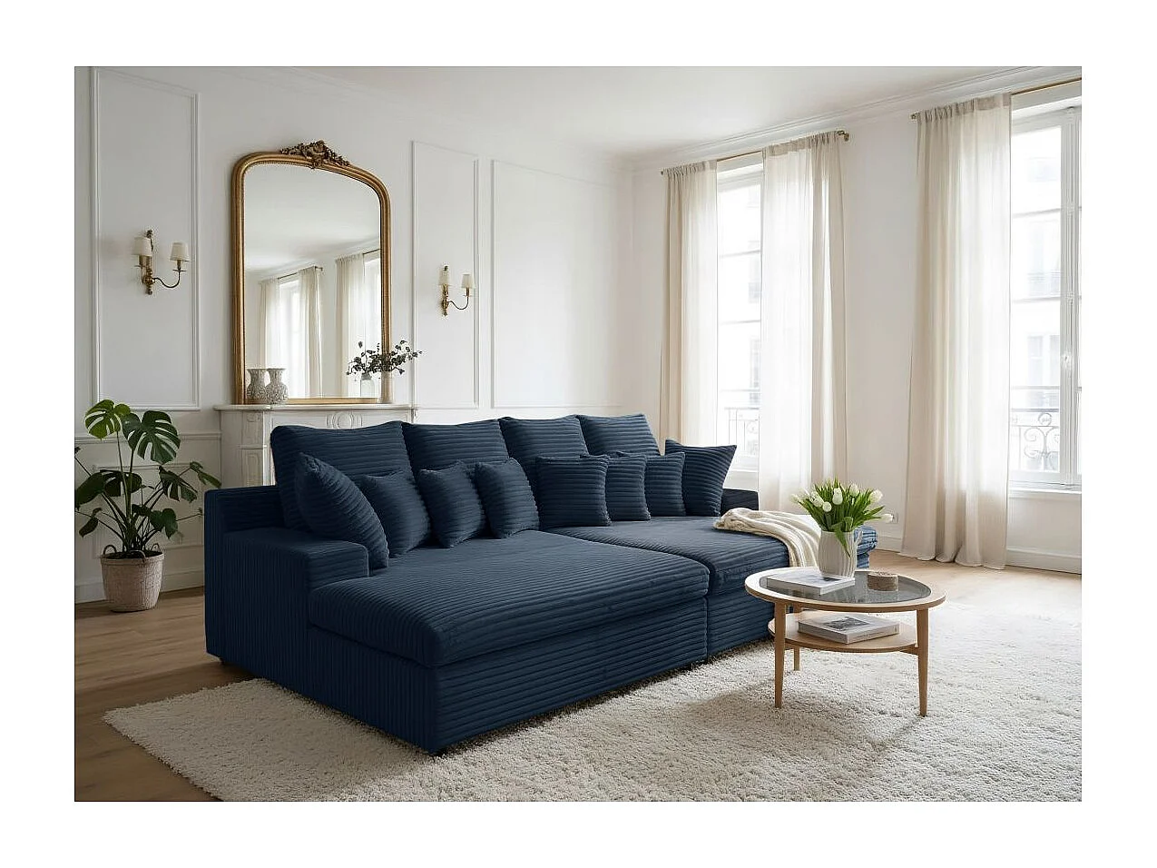 Canapé droit 4 places FLUFFY double méridienne et assise profonde en velours côtelé - bleu foncé