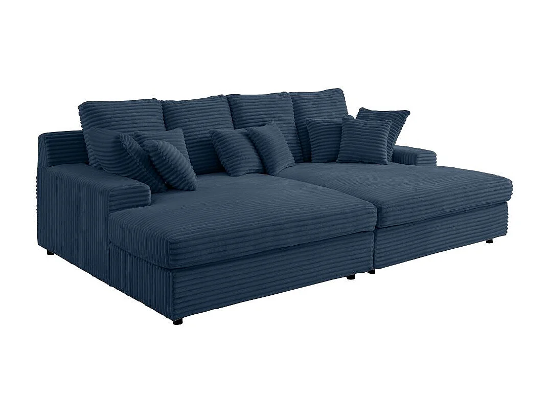 Canapé droit 4 places FLUFFY double méridienne et assise profonde en velours côtelé - bleu foncé