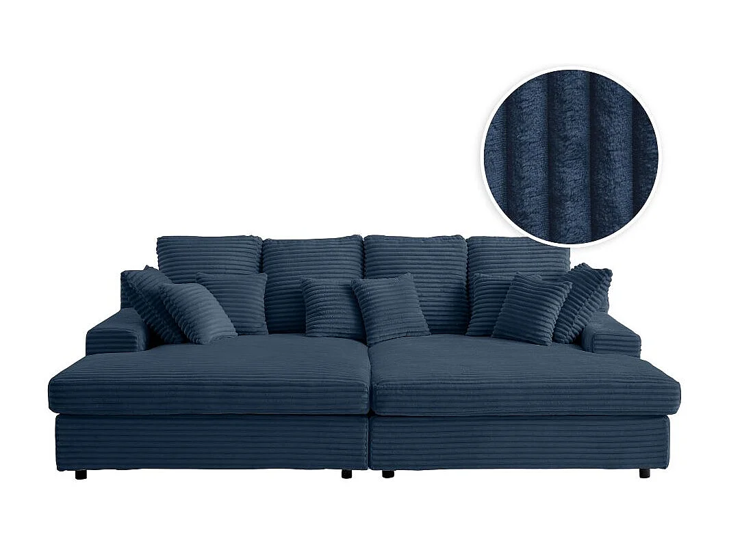Canapé droit 4 places FLUFFY double méridienne et assise profonde en velours côtelé - bleu foncé