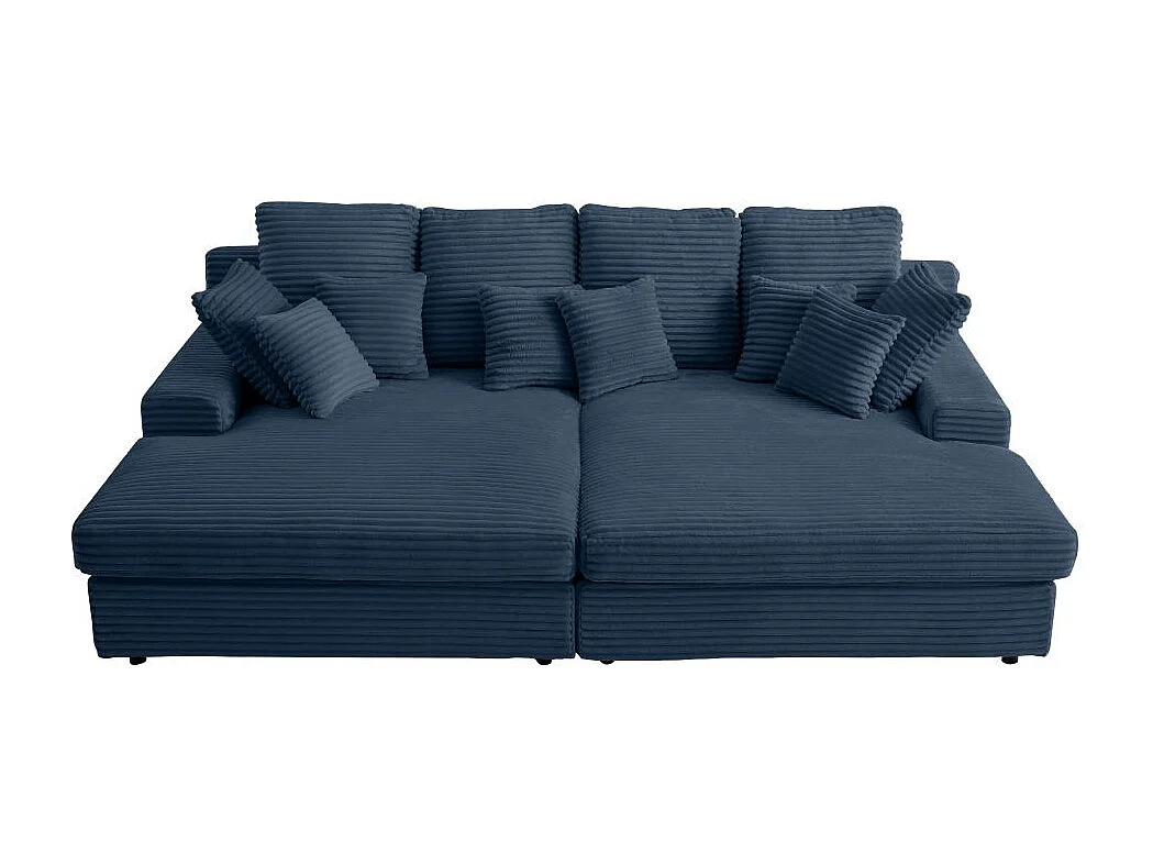 Canapé droit 4 places FLUFFY double méridienne et assise profonde en velours côtelé - bleu foncé