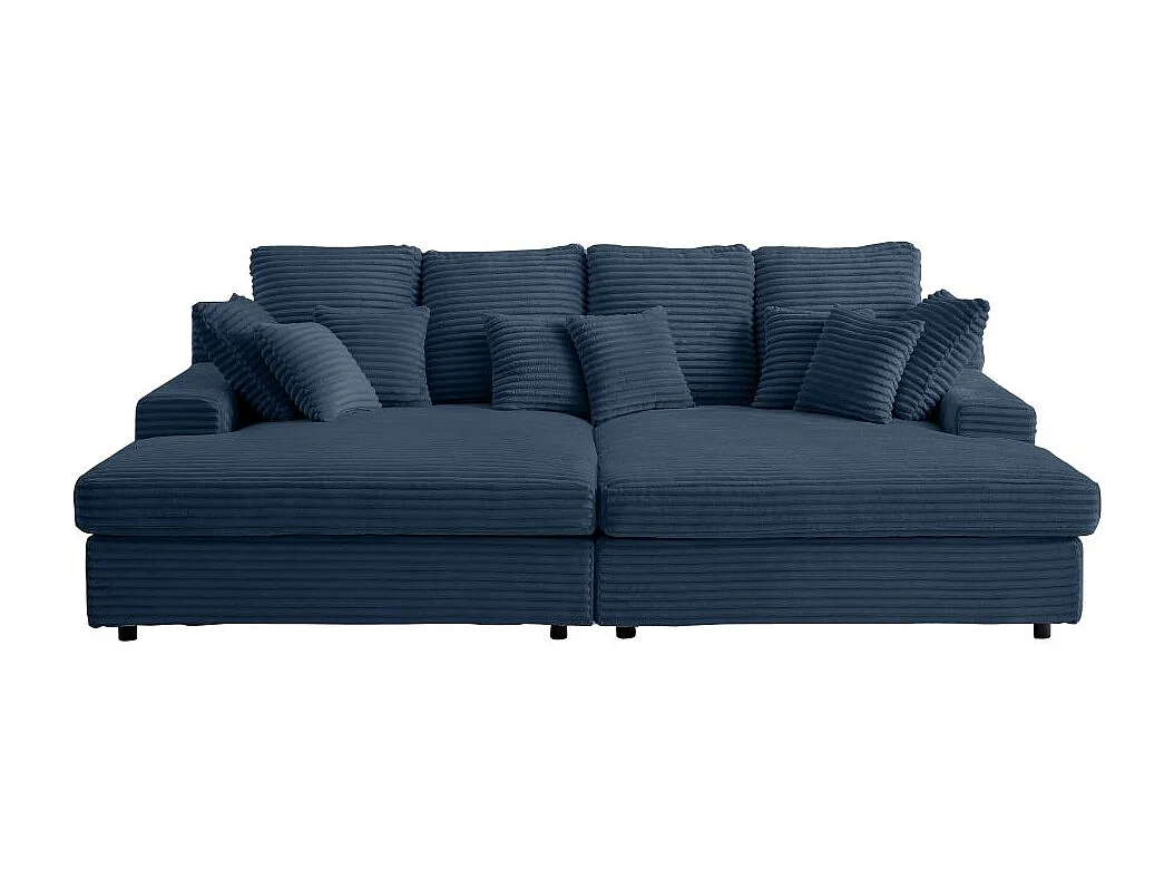 Canapé droit 4 places FLUFFY double méridienne et assise profonde en velours côtelé - bleu foncé