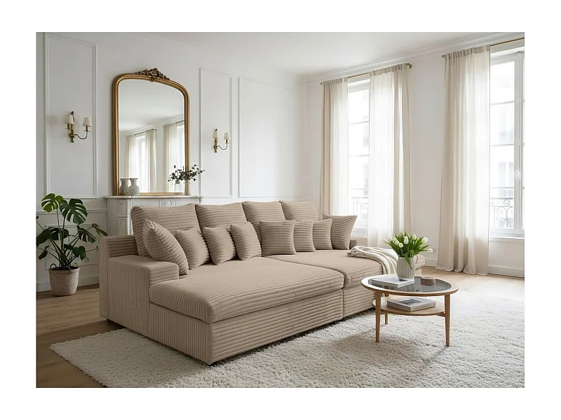 Canapé droit 4 places FLUFFY double méridienne et assise profonde en velours côtelé - taupe