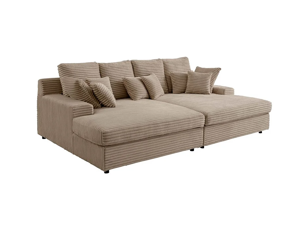 Canapé droit 4 places FLUFFY double méridienne et assise profonde en velours côtelé - taupe