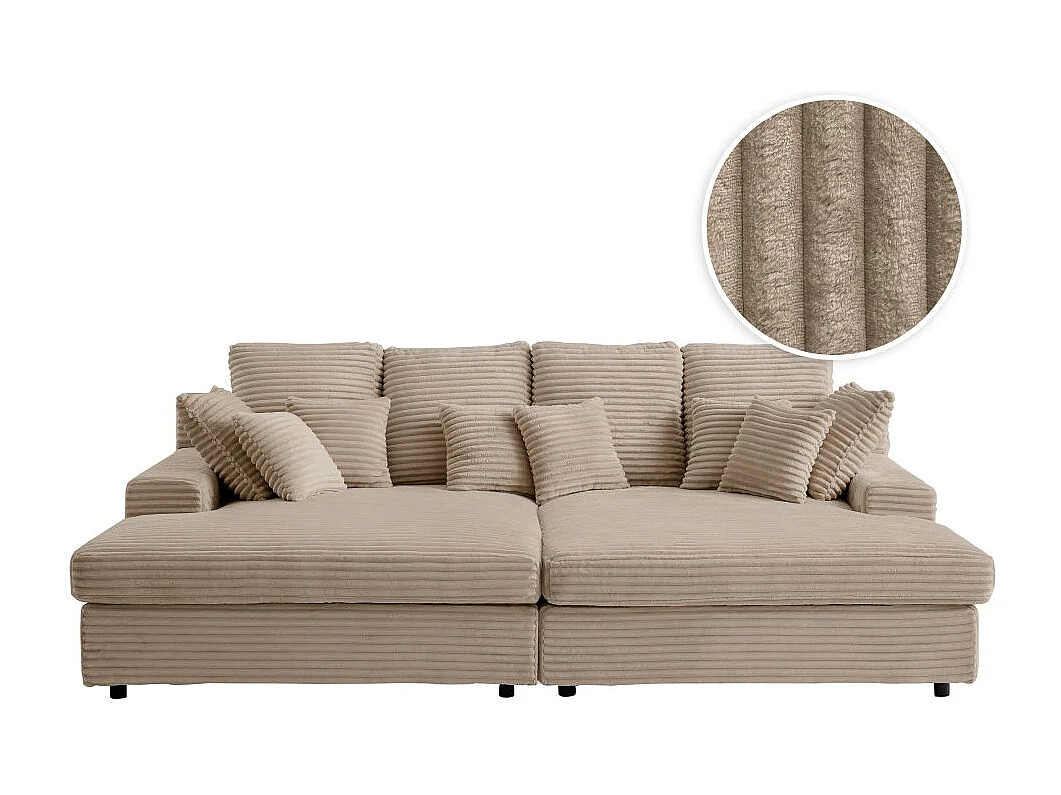 Canapé droit 4 places FLUFFY double méridienne et assise profonde en velours côtelé - taupe