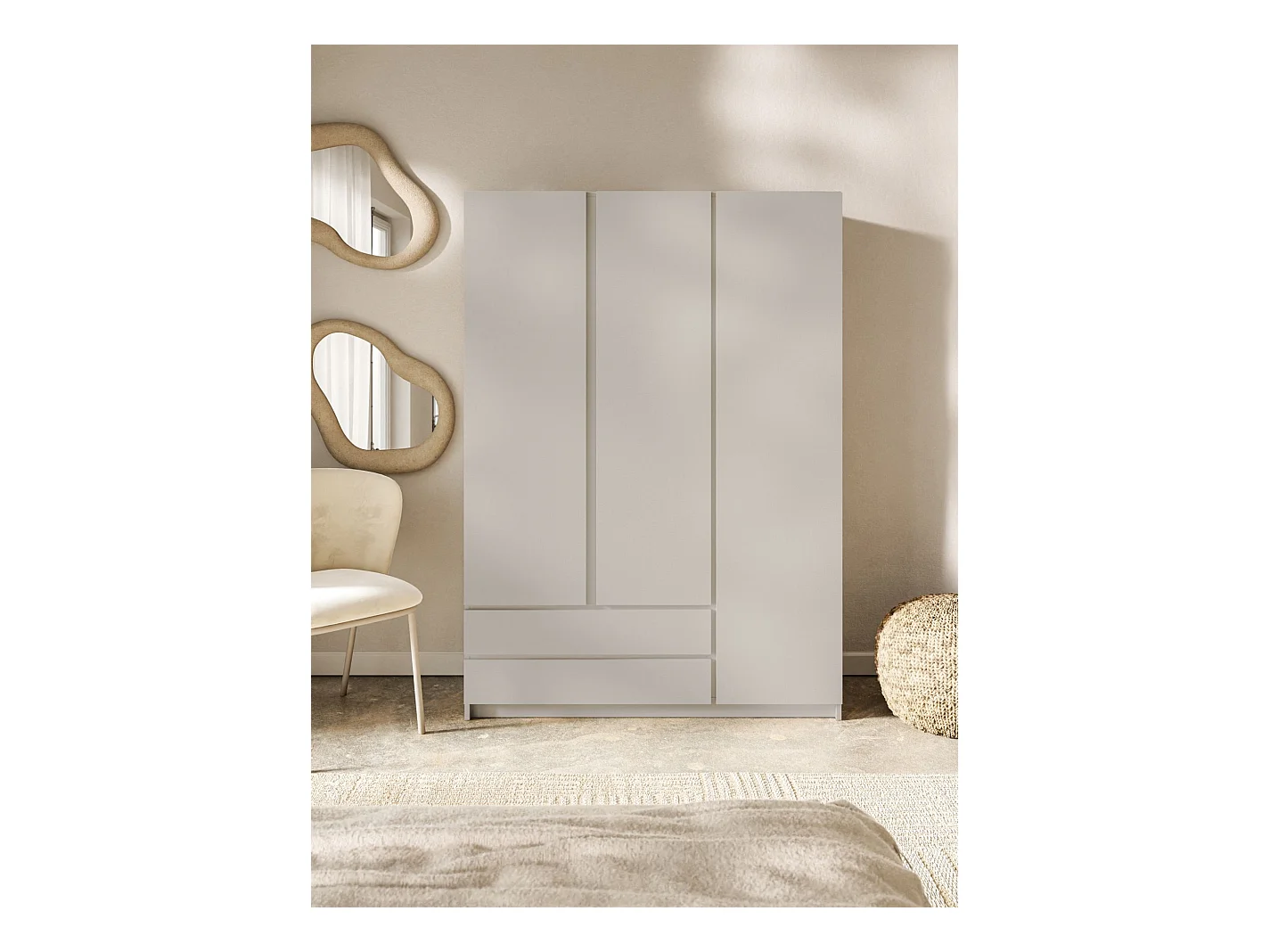 Kleiderschrank mit 3 Türen – Kleiderstange – 2 Schubladen – Kaschmirgrau – 150 cm – BEMMI