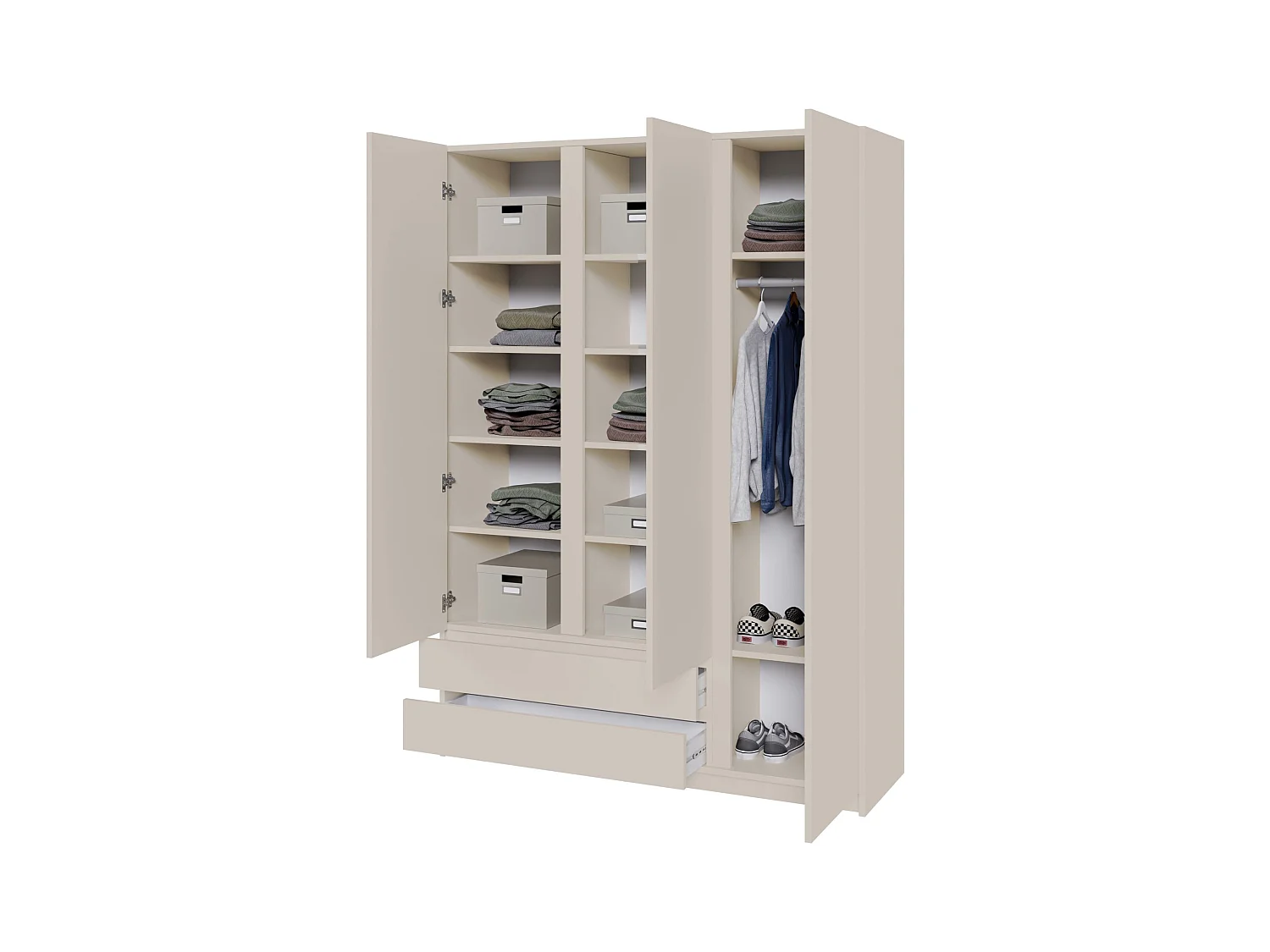 Kleiderschrank mit 3 Türen – Kleiderstange – 2 Schubladen – Kaschmirgrau – 150 cm – BEMMI