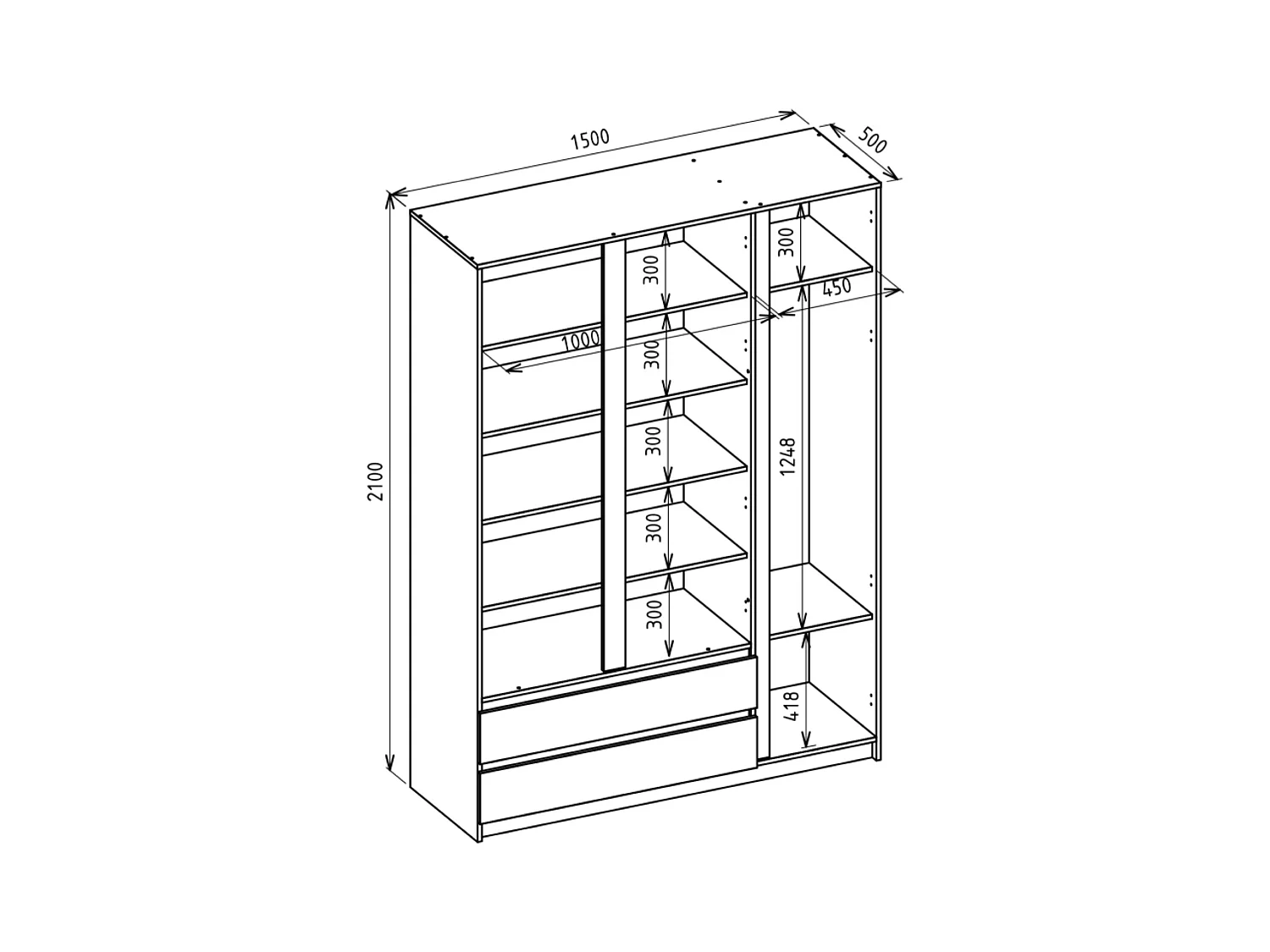 Kleiderschrank mit 3 Türen – Kleiderstange – 2 Schubladen – Kaschmirgrau – 150 cm – BEMMI