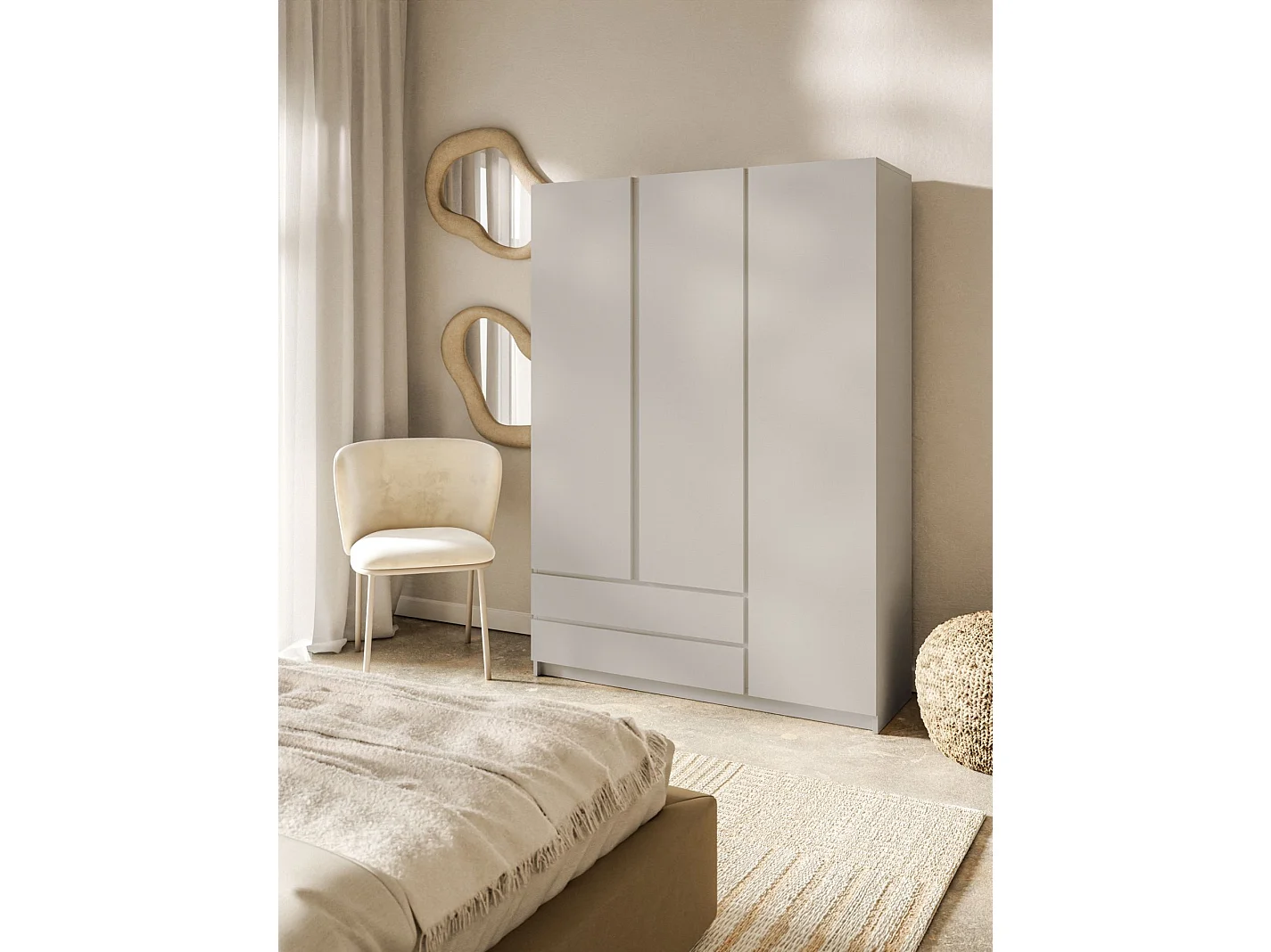 Kledingkast met 3 deuren en 2 lades – kasjmiergrijs – 150 cm – BEMMI