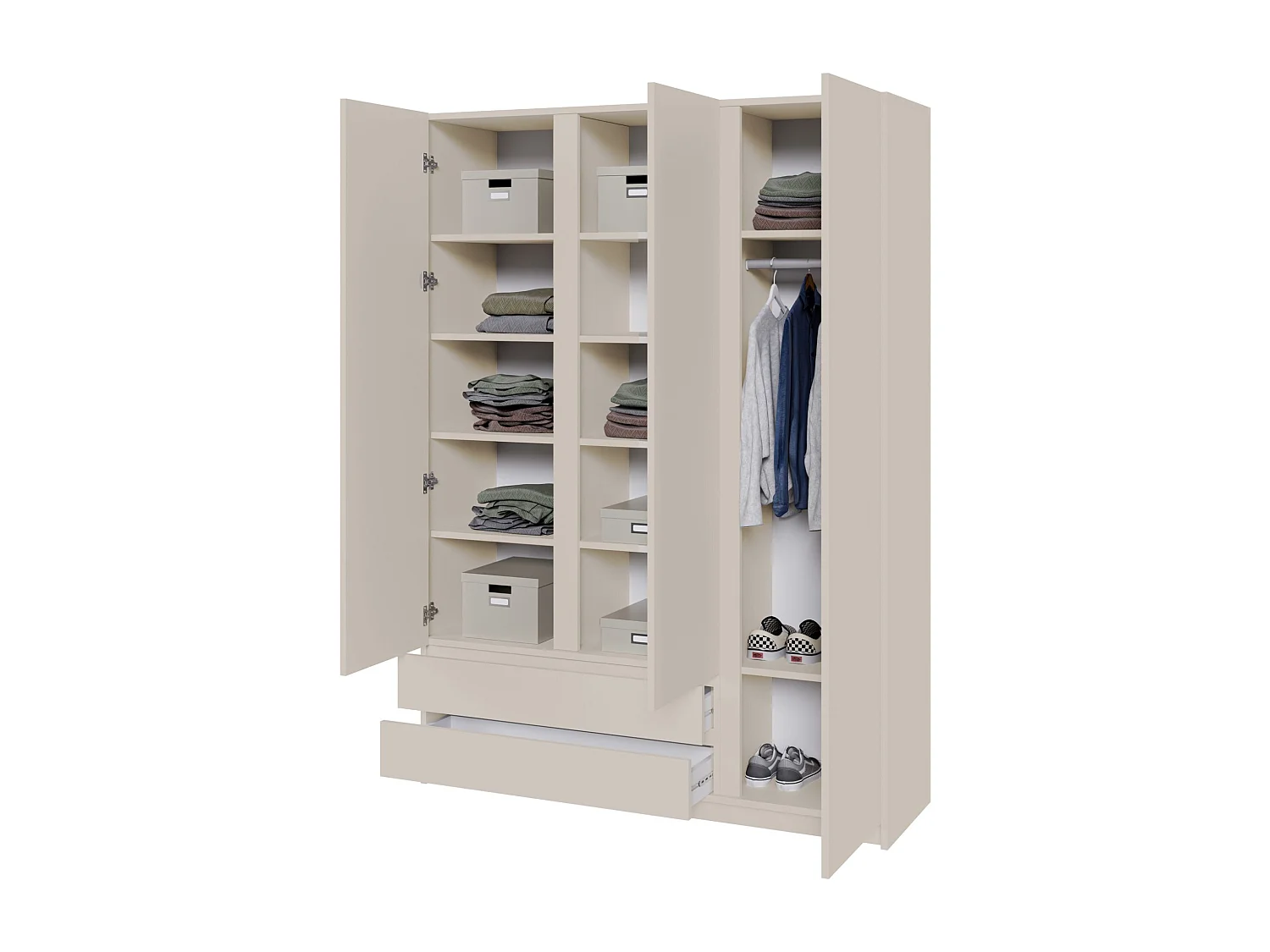 Kledingkast met 3 deuren en 2 lades – kasjmiergrijs – 150 cm – BEMMI