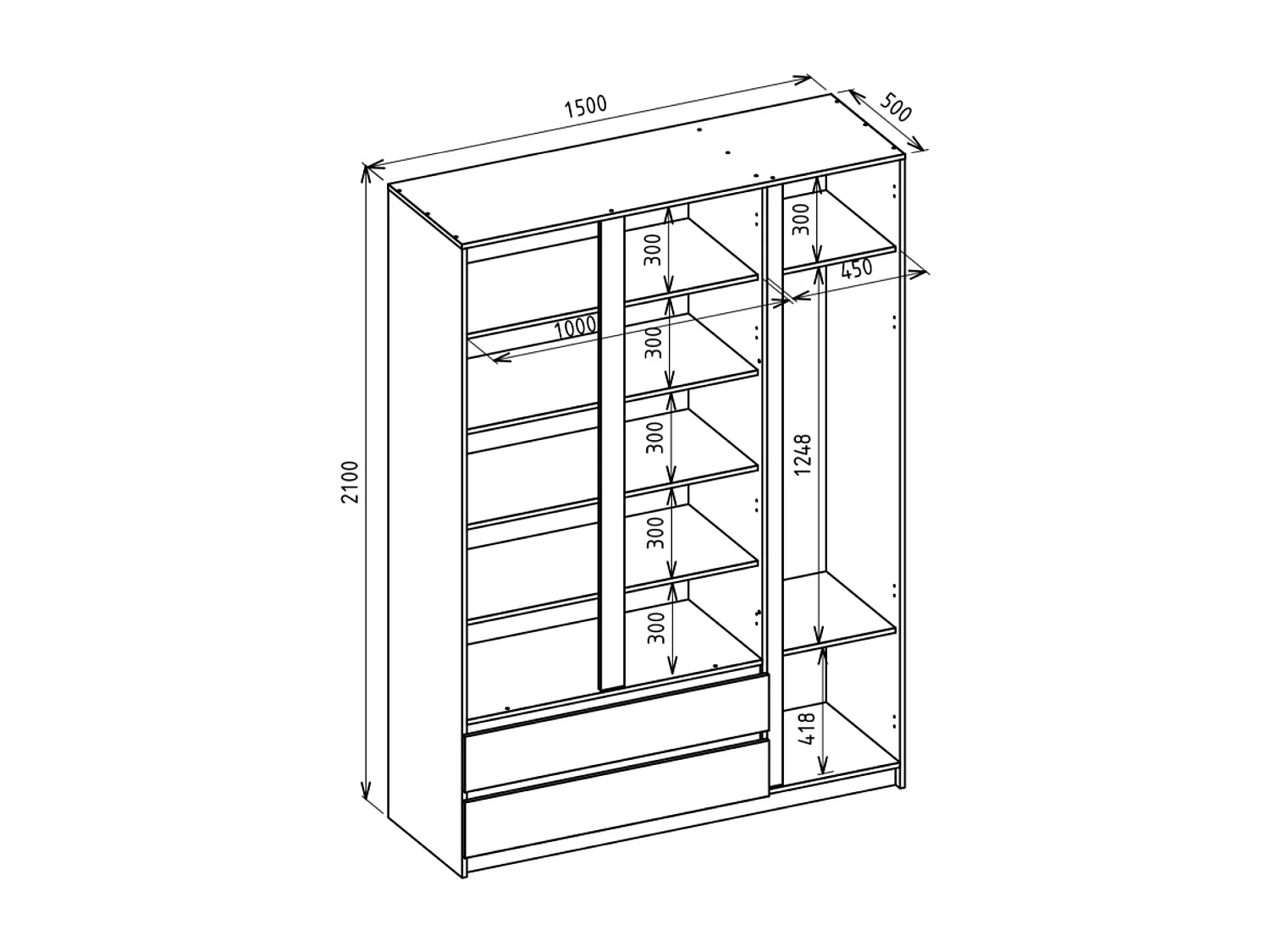 Kledingkast met 3 deuren en 2 lades – kasjmiergrijs – 150 cm – BEMMI