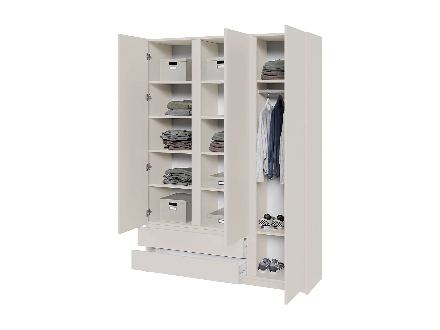 Kleiderschrank mit 3 Türen – Kleiderstange – 2 Schubladen – Kaschmirgrau – 150 cm – BEMMI