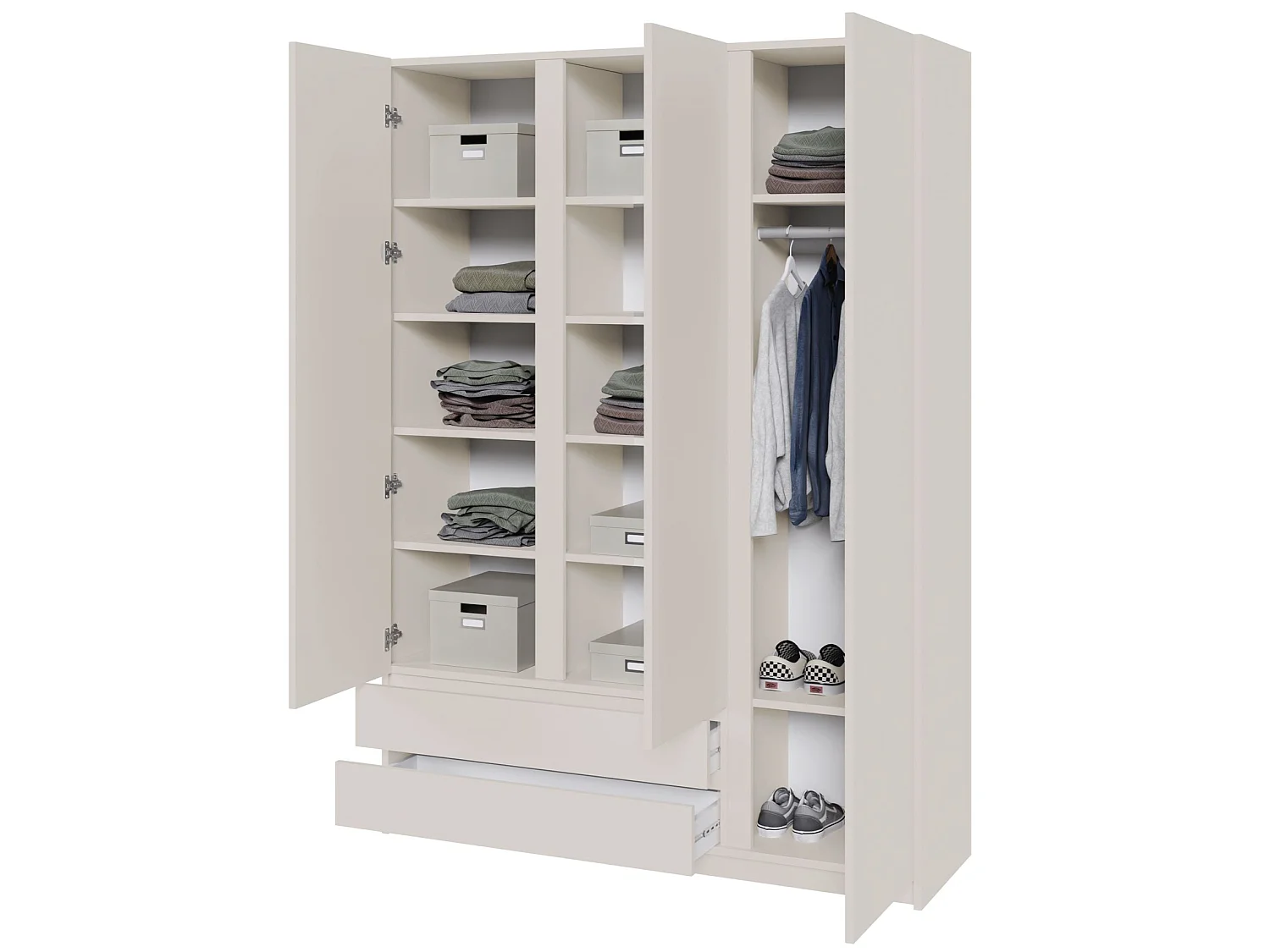 Kledingkast met 3 deuren en 2 lades – kasjmiergrijs – 150 cm – BEMMI