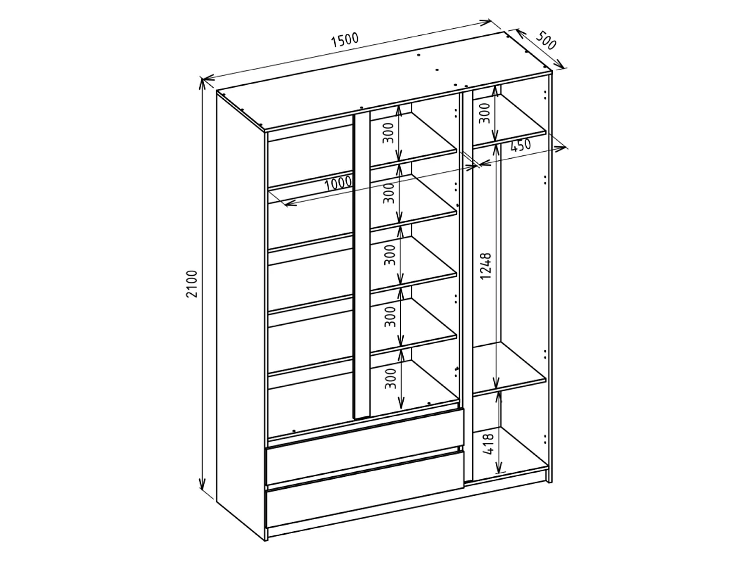 Kledingkast met 3 deuren en 2 lades – kasjmiergrijs – 150 cm – BEMMI