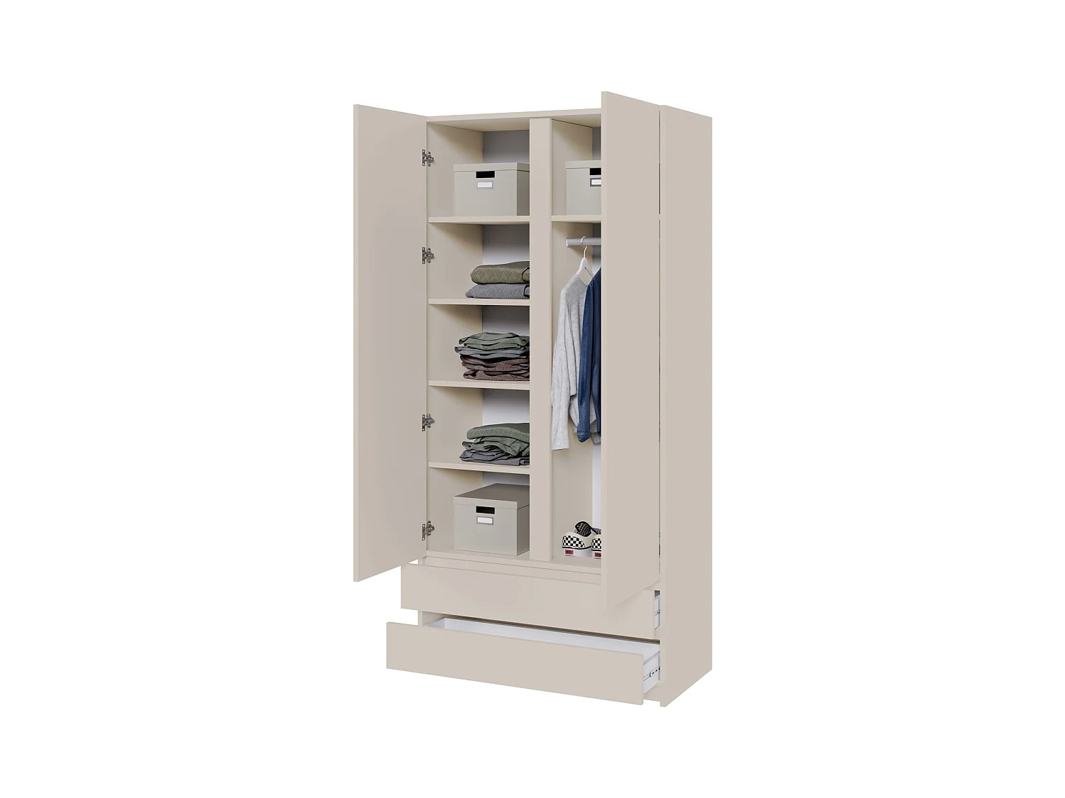 Kleiderschrank mit 2 Türen – Kleiderstange – 2 Schubladen – Kaschmirgrau – 100 cm – BEMMI