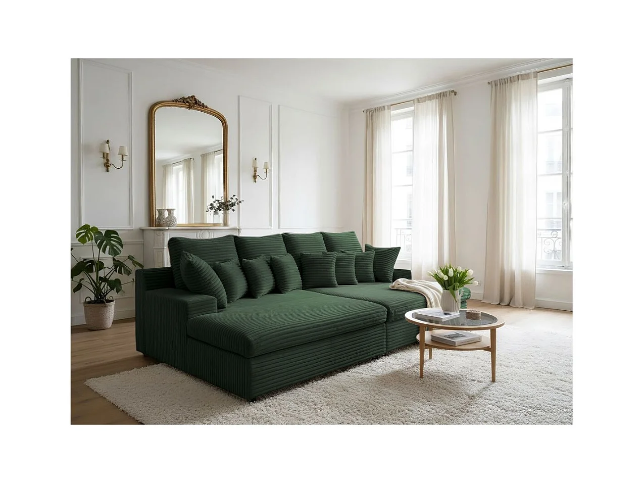 Canapé droit 4 places FLUFFY double méridienne et assise profonde en velours côtelé - vert foncé