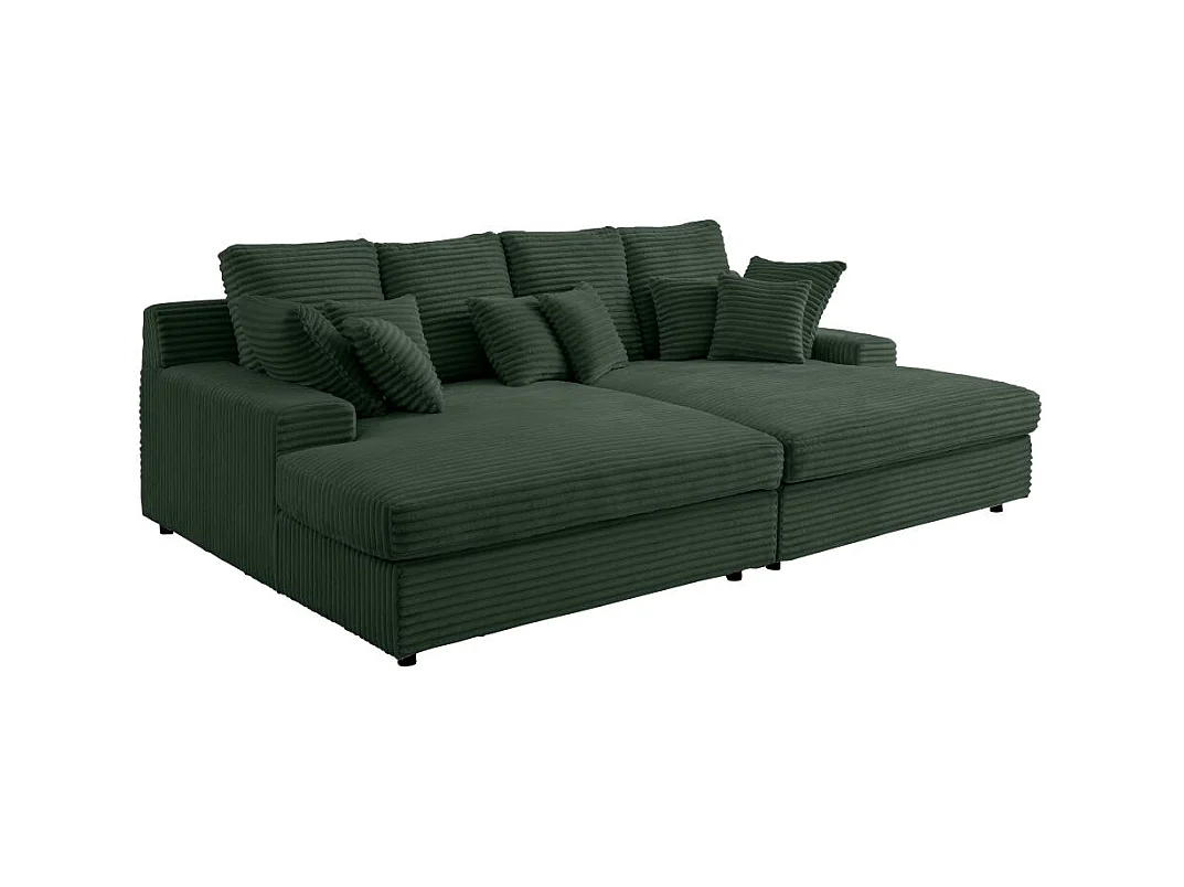 Canapé droit 4 places FLUFFY double méridienne et assise profonde en velours côtelé - vert foncé