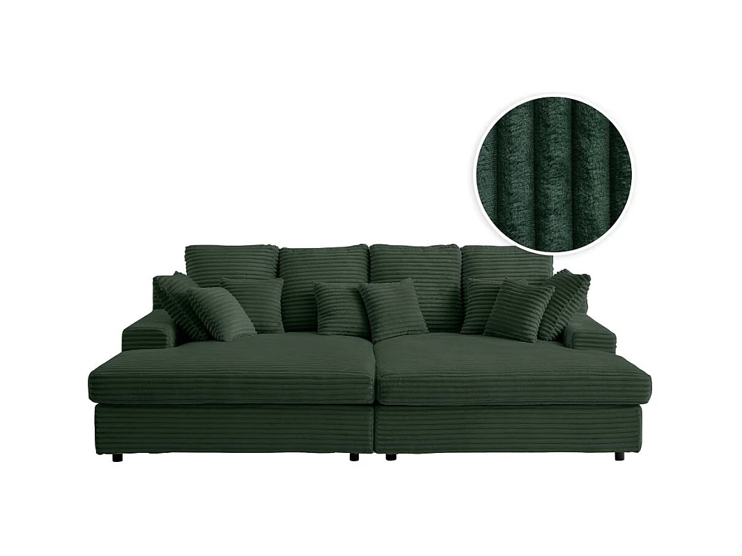 Canapé droit 4 places FLUFFY double méridienne et assise profonde en velours côtelé - vert foncé