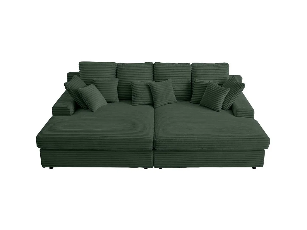 Canapé droit 4 places FLUFFY double méridienne et assise profonde en velours côtelé - vert foncé