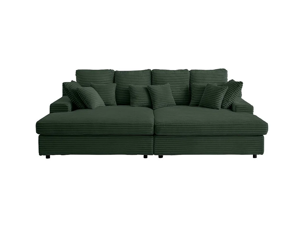 Canapé droit 4 places FLUFFY double méridienne et assise profonde en velours côtelé - vert foncé