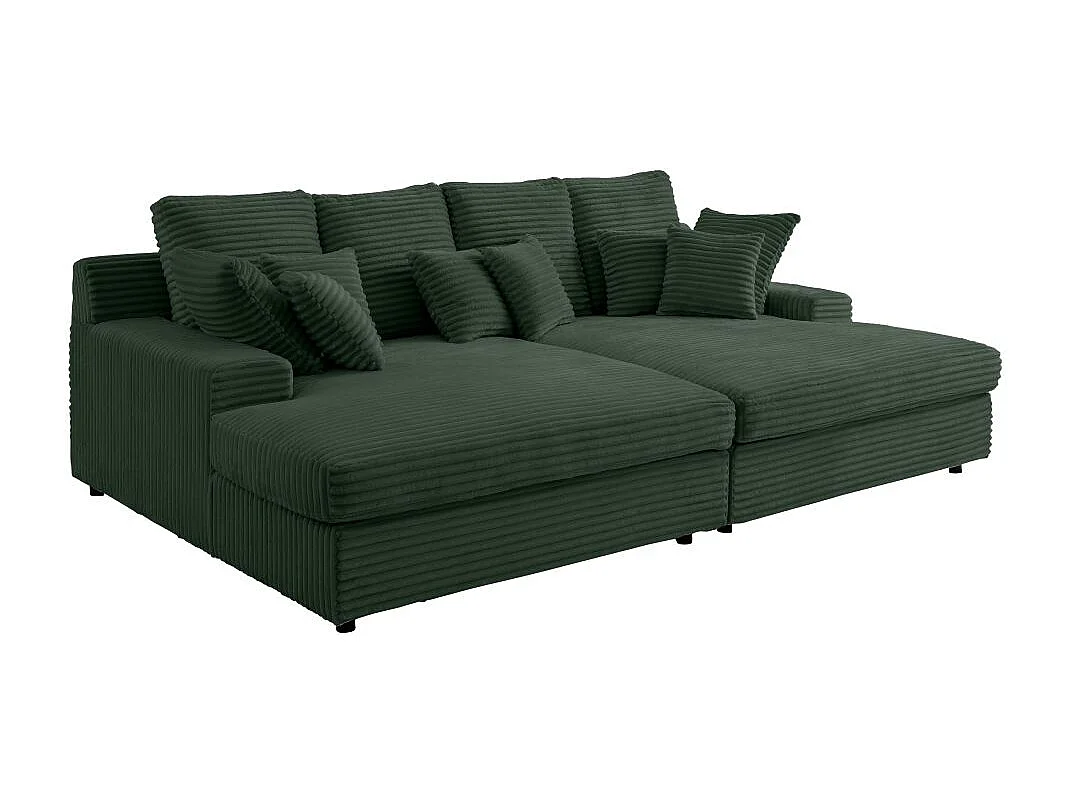Canapé droit 4 places FLUFFY double méridienne et assise profonde en velours côtelé - vert foncé