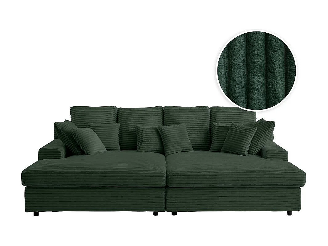 Canapé droit 4 places FLUFFY double méridienne et assise profonde en velours côtelé - vert foncé