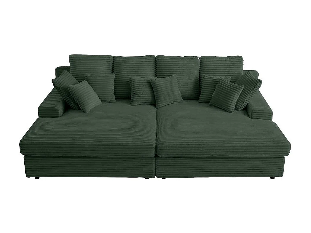 Canapé droit 4 places FLUFFY double méridienne et assise profonde en velours côtelé - vert foncé
