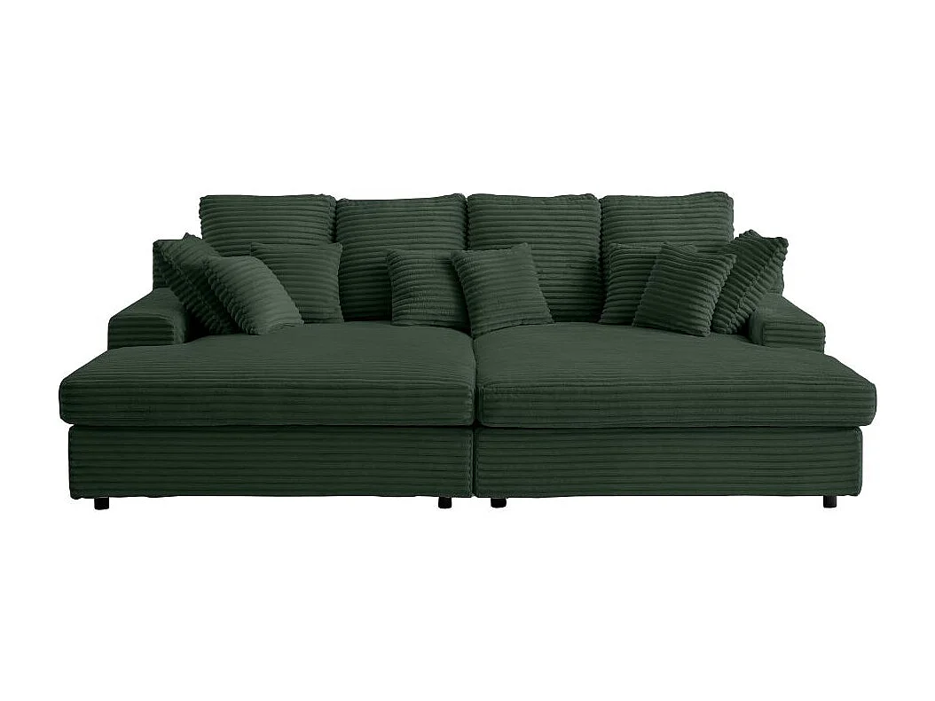 Canapé droit 4 places FLUFFY double méridienne et assise profonde en velours côtelé - vert foncé