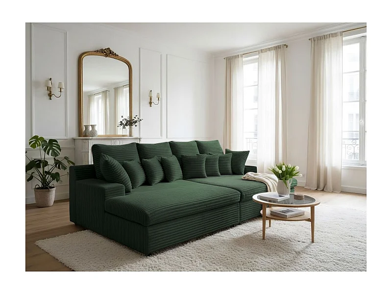 Canapé droit 4 places FLUFFY double méridienne et assise profonde en velours côtelé - vert foncé
