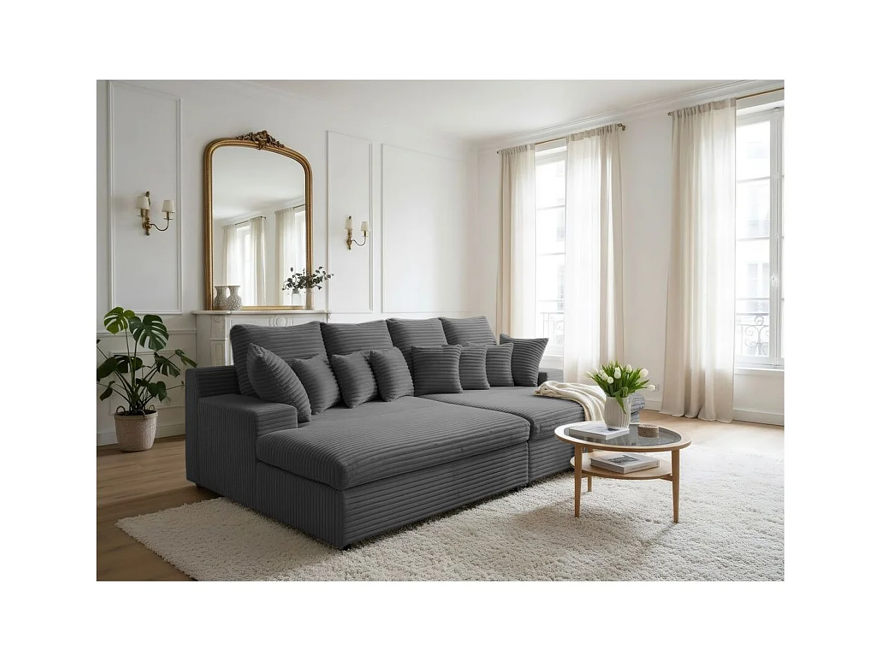 Canapé droit 4 places FLUFFY double méridienne et assise profonde en velours côtelé - Gris anthracite