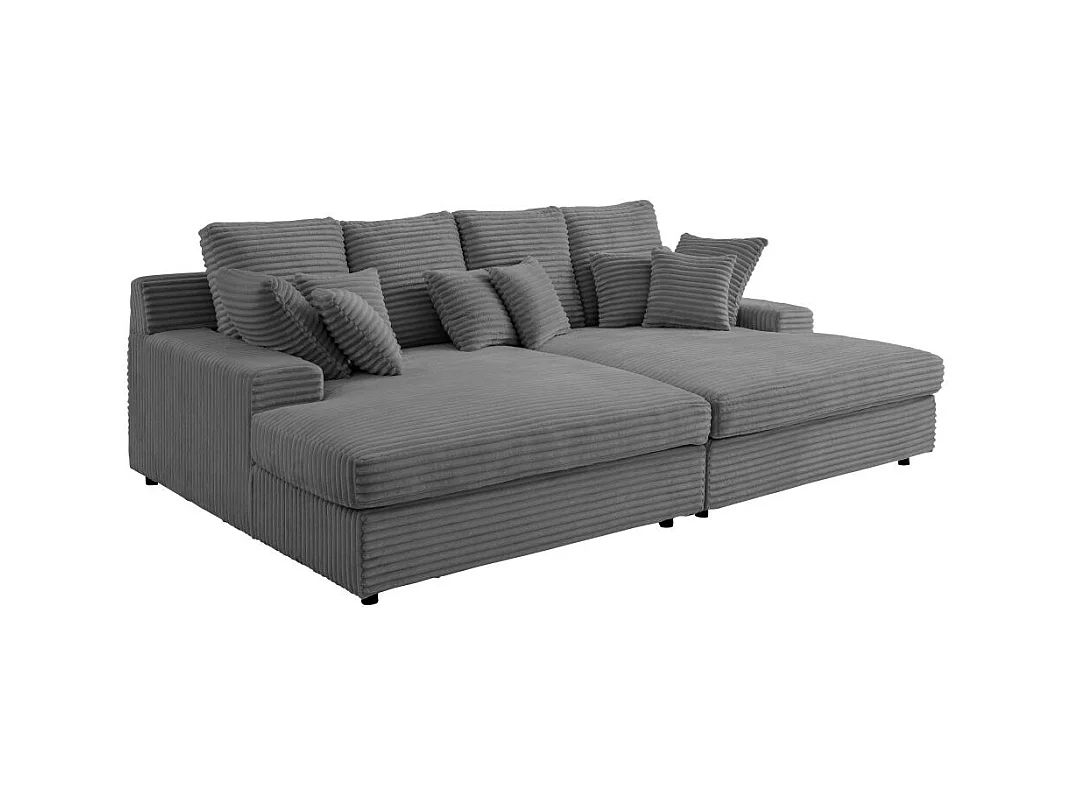 Canapé droit 4 places FLUFFY double méridienne et assise profonde en velours côtelé - Gris anthracite