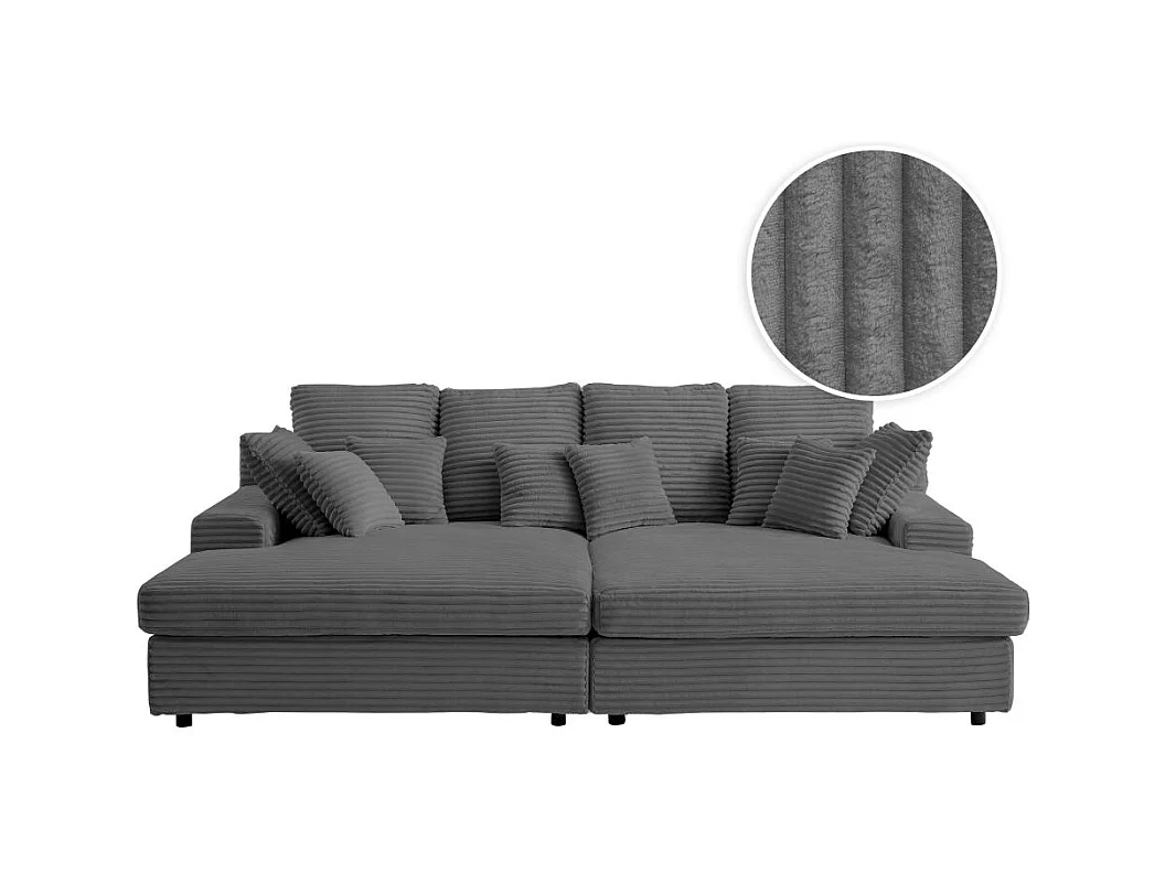 Canapé droit 4 places FLUFFY double méridienne et assise profonde en velours côtelé - Gris anthracite