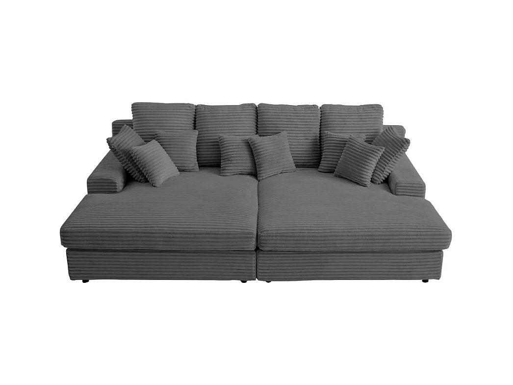 Canapé droit 4 places FLUFFY double méridienne et assise profonde en velours côtelé - Gris anthracite