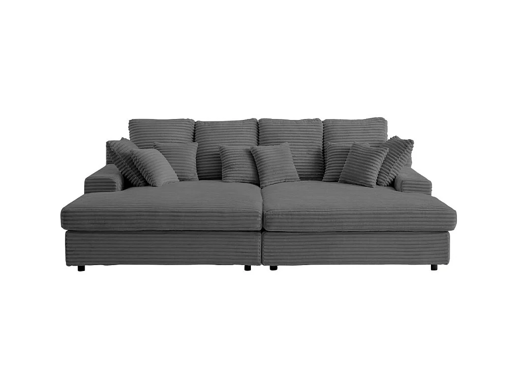 Canapé droit 4 places FLUFFY double méridienne et assise profonde en velours côtelé - Gris anthracite