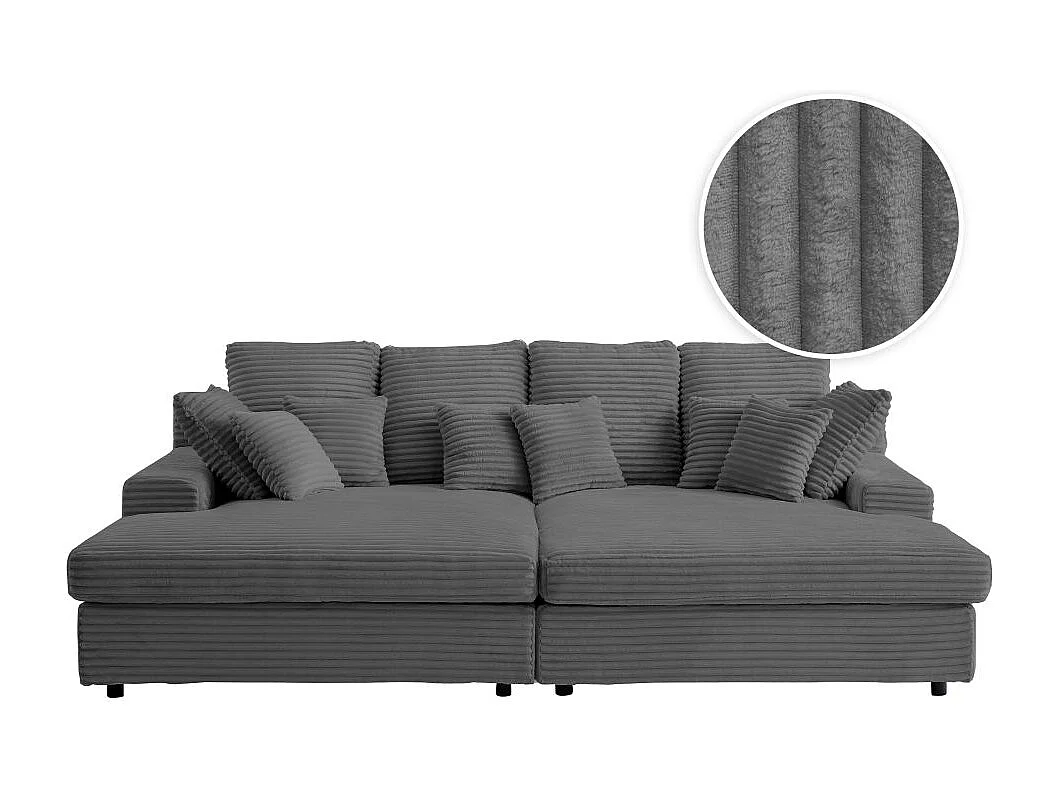 Canapé droit 4 places FLUFFY double méridienne et assise profonde en velours côtelé - Gris anthracite