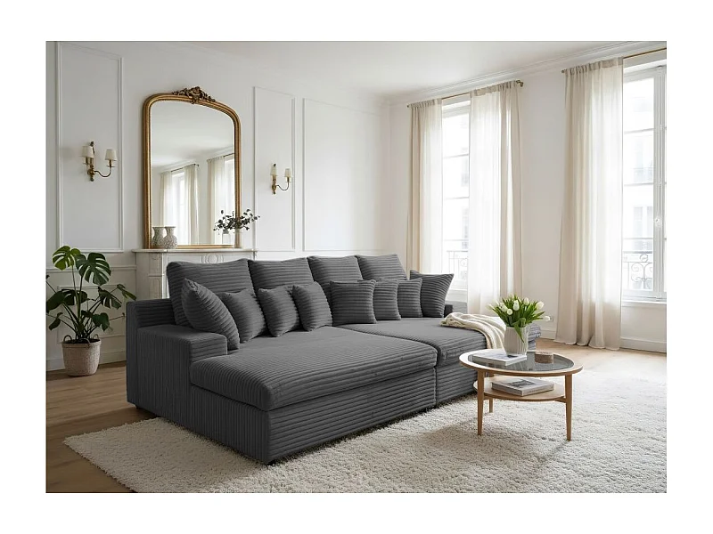 Canapé droit 4 places FLUFFY double méridienne et assise profonde en velours côtelé - Gris anthracite