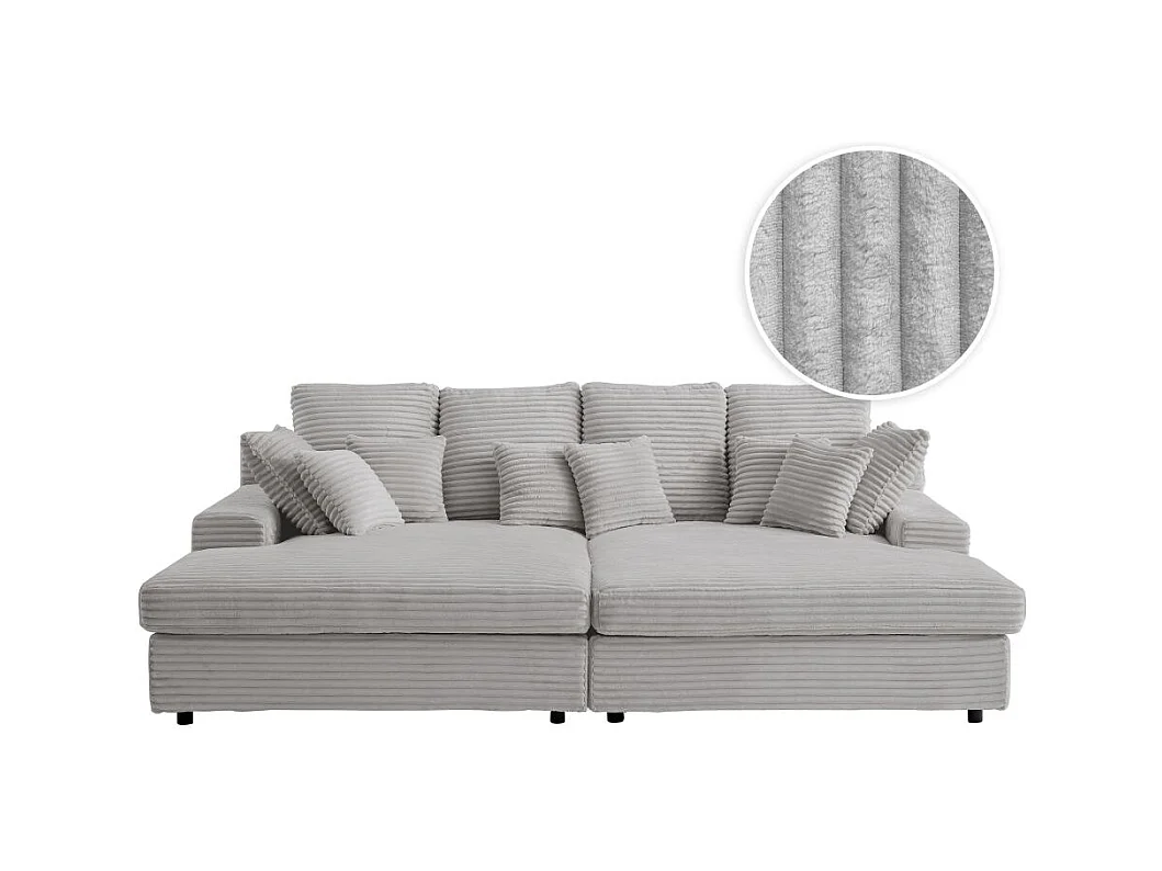 Canapé droit 4 places FLUFFY double méridienne et assise profonde en velours côtelé - gris clair