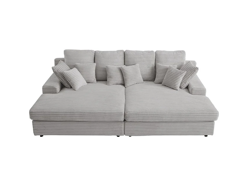 Canapé droit 4 places FLUFFY double méridienne et assise profonde en velours côtelé - gris clair