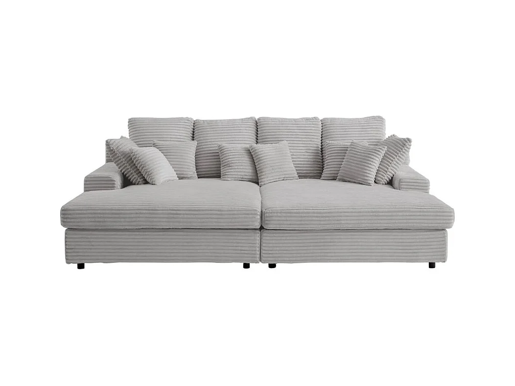 Canapé droit 4 places FLUFFY double méridienne et assise profonde en velours côtelé - gris clair