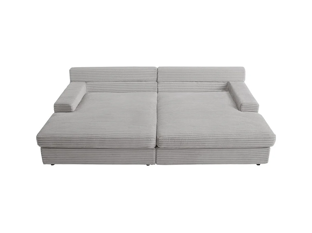 Canapé droit 4 places FLUFFY double méridienne et assise profonde en velours côtelé - gris clair
