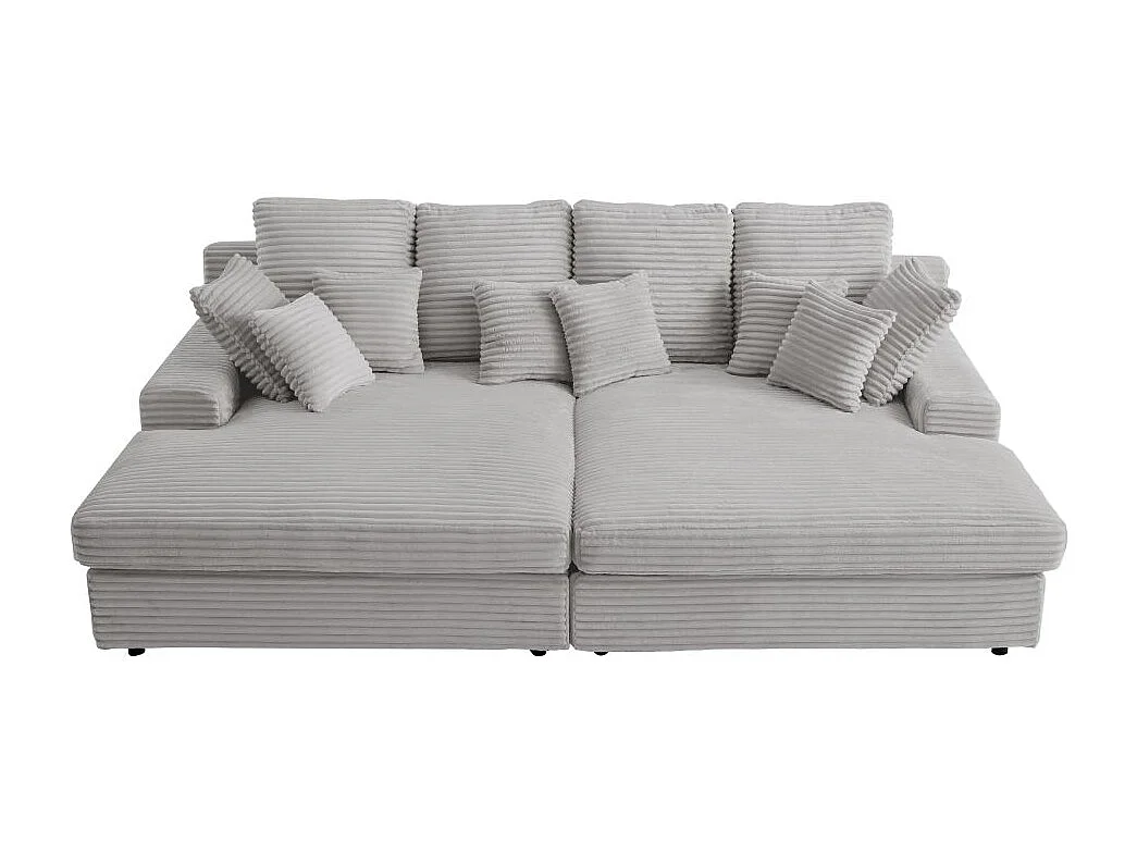 Canapé droit 4 places FLUFFY double méridienne et assise profonde en velours côtelé - gris clair