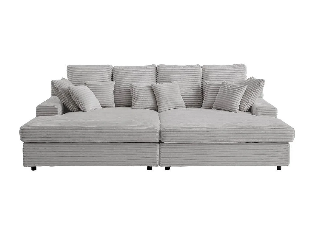 Canapé droit 4 places FLUFFY double méridienne et assise profonde en velours côtelé - gris clair