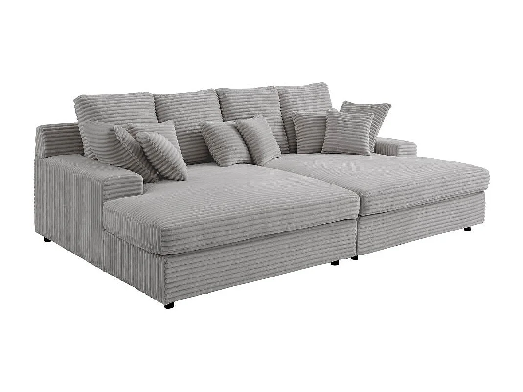 Canapé droit 4 places FLUFFY double méridienne et assise profonde en velours côtelé - gris clair