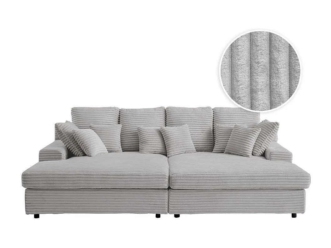 Canapé droit 4 places FLUFFY double méridienne et assise profonde en velours côtelé - gris clair
