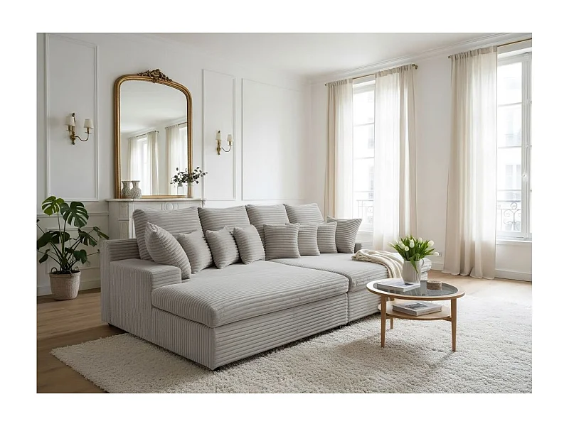 Canapé droit 4 places FLUFFY double méridienne et assise profonde en velours côtelé - gris clair