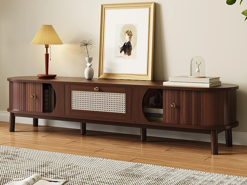 Meuble TV 170x39.5x38cm - avec 1 tiroir et 2 portes coulissantes - texture rayée - style campagnard - marron