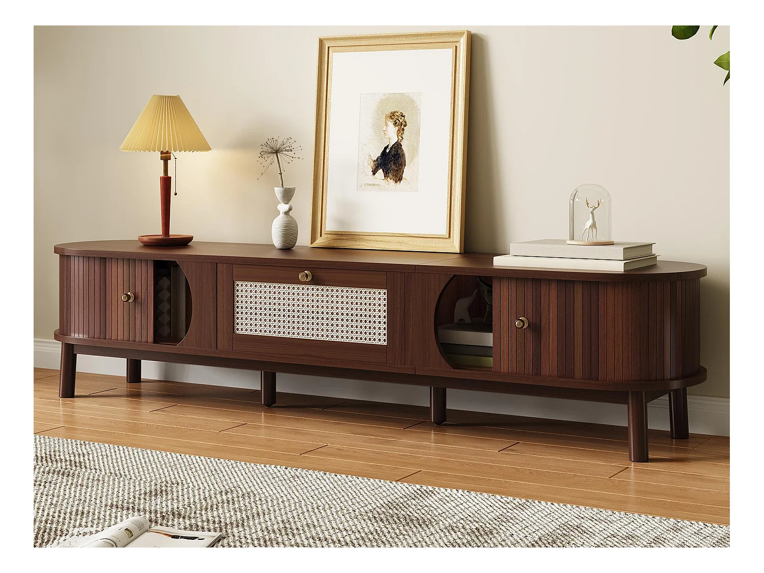 Meuble TV 170x39.5x38cm - avec 1 tiroir et 2 portes coulissantes - texture rayée - style campagnard - marron